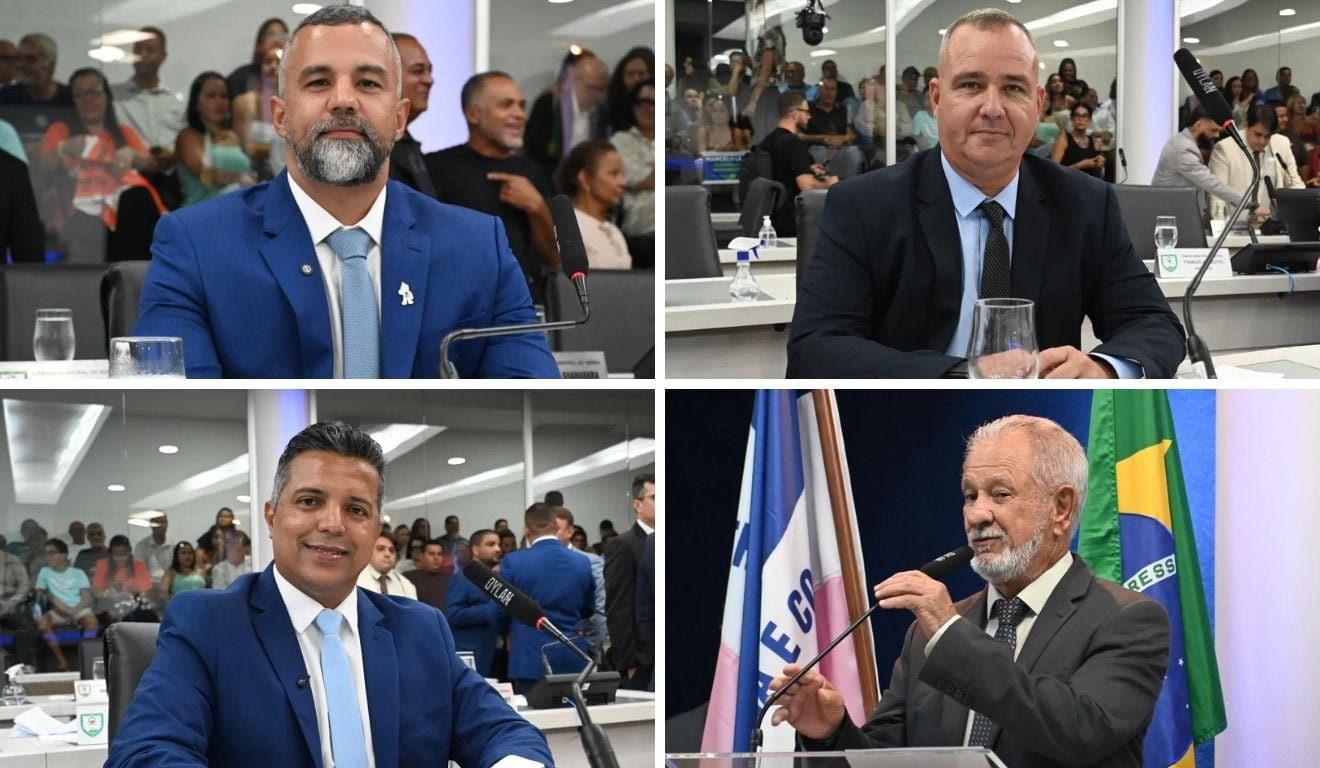 Vereadores Thiago Peixoto, Willian da El&eacute;trica, Marcelo Leal e  S&eacute;rgio Peixoto tomaram posse. Foto: Thiago Soares/Folha Vit&oacute;ria