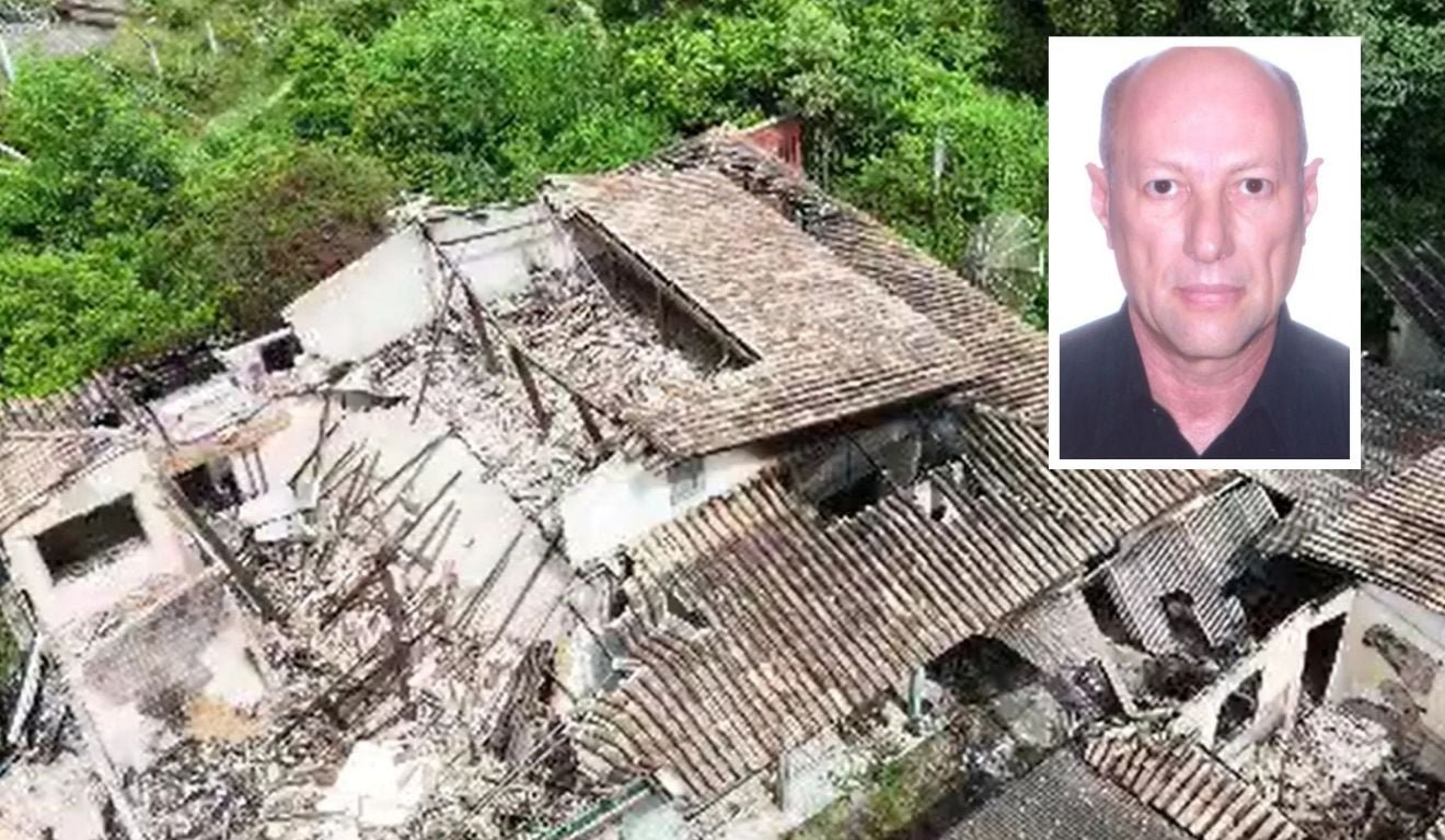 S&iacute;tio destru&iacute;do por inc&ecirc;ndio em Mea&iacute;pe onde morava Dante Brito Michelini (destaque). Foto: Reprodu&ccedil;&atilde;o/TV Guarapari e Acervo pessoal