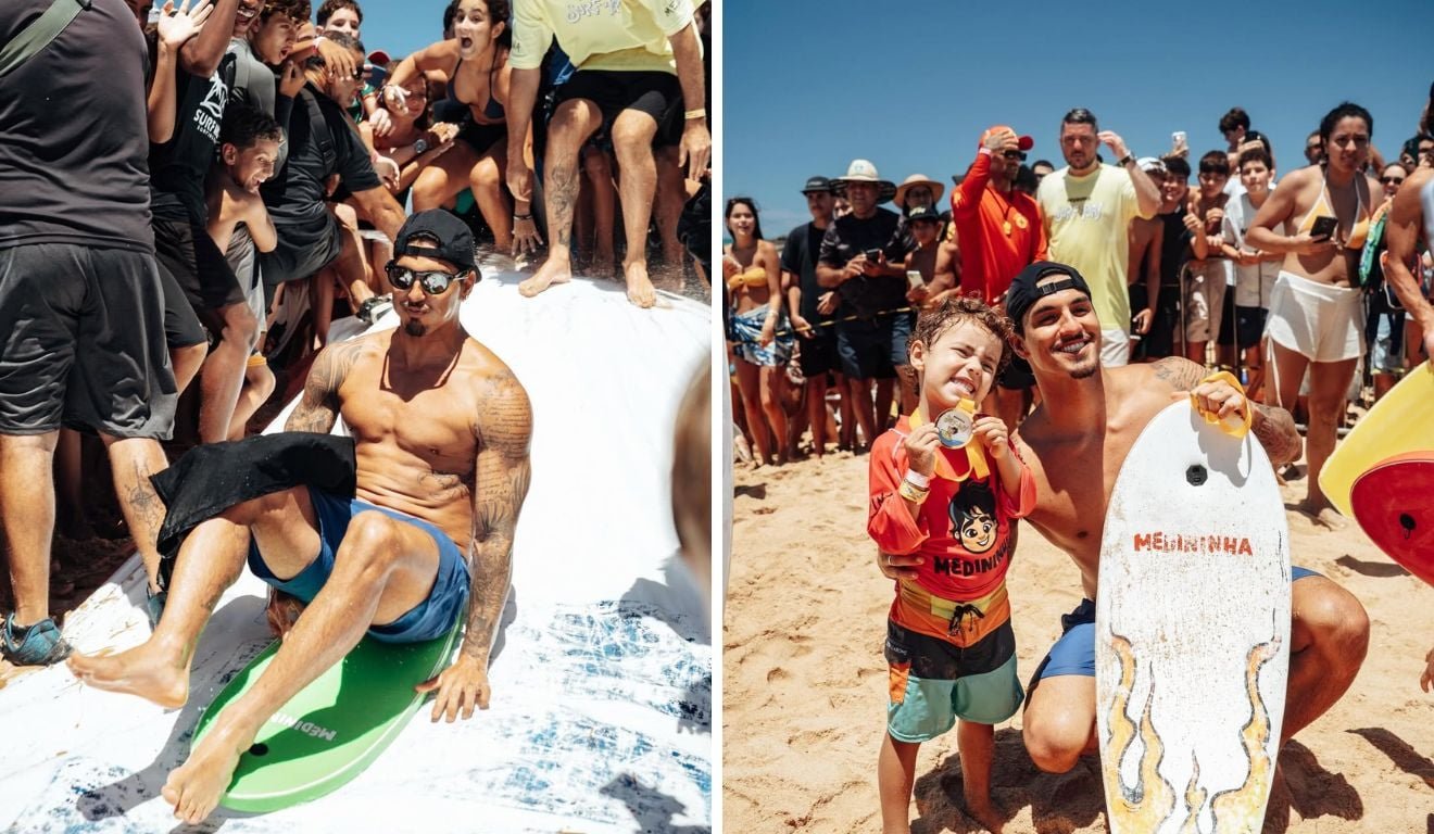 Tricampe&atilde;o mundial Gabriel Medina faz a alegria das crian&ccedil;as em Setiba