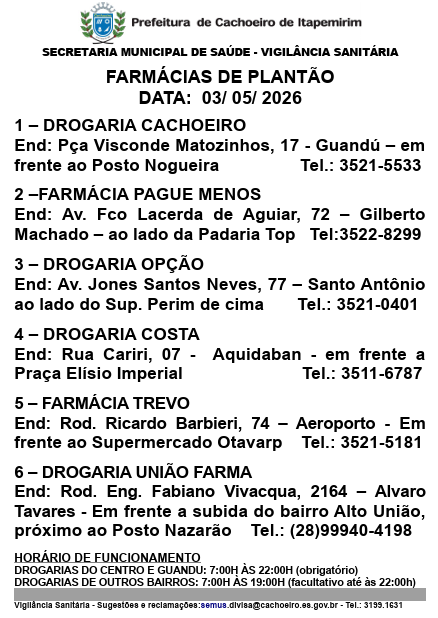 Farm&aacute;cias de plant&atilde;o em Cachoeiro neste domingo