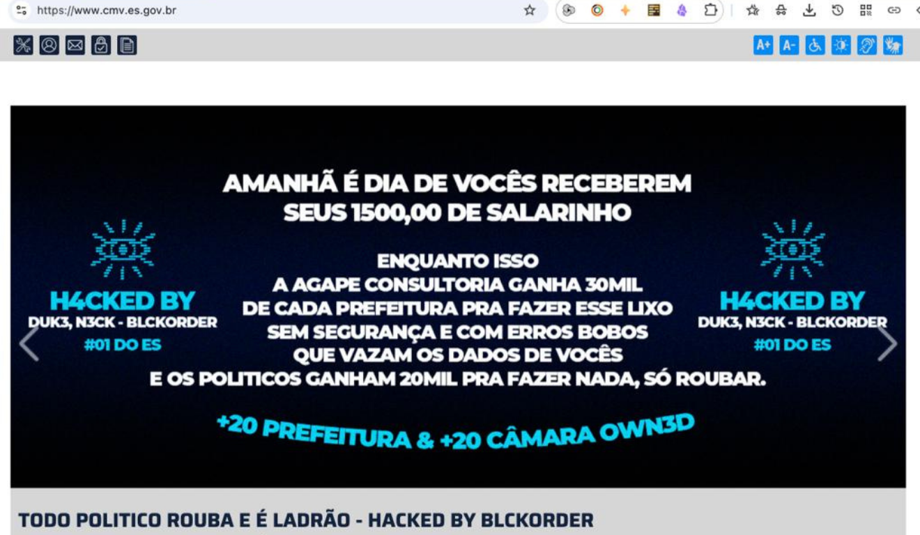 Hackers invadem site da C&acirc;mara de Vit&oacute;ria e deixam mensagem na p&aacute;gina inicia