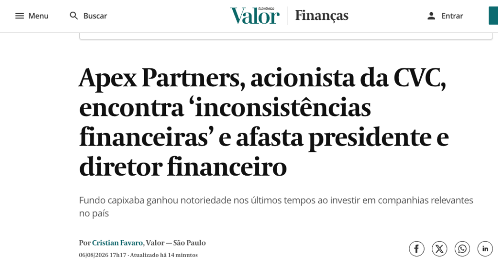 Reportagem publicada no jornal Valor Econ&ocirc;mico. Foto: Reprodu&ccedil;&atilde;o
Atua&ccedil;&atilde;o nacional
Fundada no Esp&iacute;rito Santo, a Apex Partners construiu uma trajet&oacute;ria no mercado financeiro atuando com assessoria finan