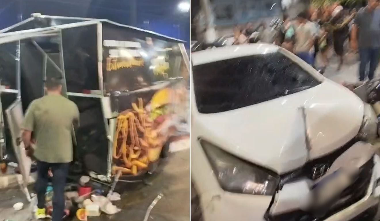 Carro atinge trailer de lanches, derrama &oacute;leo quente e deixa dois feridos em Linhares; veja v&iacute;deo