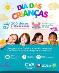 Aracruz promove a&ccedil;&atilde;o especial de Dia das Crian&ccedil;as na Pra&ccedil;a do bairro Jardins com vacina&ccedil;&atilde;o e brinquedos infl&aacute;veis